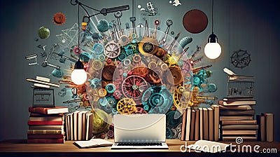 Colorfull collage with laptop and book cogs brain , Generate Ai Stock Photo