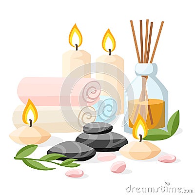 Colorfull spa tools and accessories black basalt massage stones herbs rolled up towel candles and oil illustration on white Cartoon Illustration