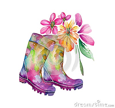 Colorfull wellies. Rubber boots autumn fall concept. Watercolor illustration Cartoon Illustration