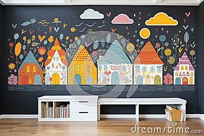 colorfully designed wall chalkboard in a childrens playroom Stock Photo