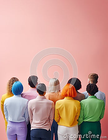 Colorfully dressed young people standing in front of a pastel clean wall. Stock Photo