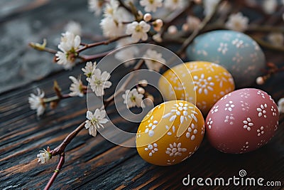 Colorfully painted Easter eggs with flowers on branches rest on dark wood. This image is steeped in the festive spirit Stock Photo