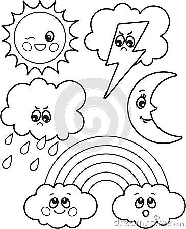 Cute set of cartoon weather icons, vector black and white icons, illustrations for children`s coloring or creativity Vector Illustration