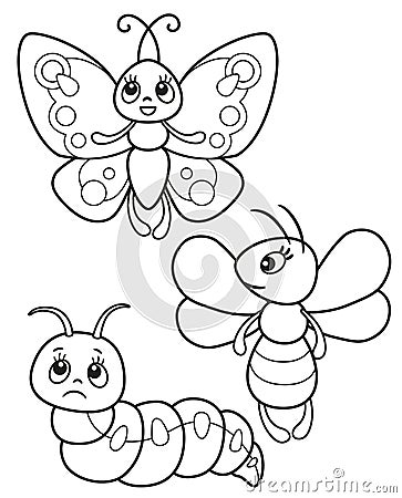 Cute set of funny insects, vector black and white illustrations butterfly, bee and caterpillar for children`s coloring or creativi Vector Illustration