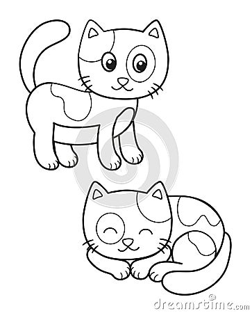 Cute set of cartoon cat, vector black and white illustrations for children`s coloring or creativity Vector Illustration