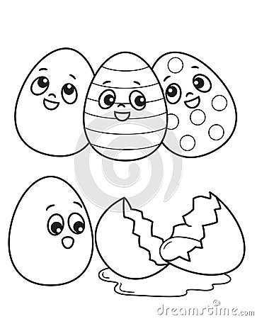 Cute set of funny easter eggs, vector black and white illustrations for children`s coloring or creativity Vector Illustration