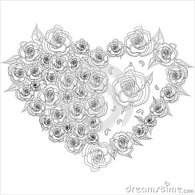 Coloring for adults and children. Heart of roses. Vector Illustration