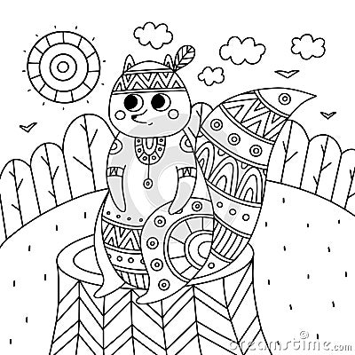 Coloring antistress with image squirrel in ethnic style Vector Illustration