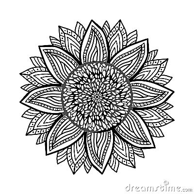 Coloring antistress with sunflower. Black and whiter coloring book.Sunflower stylized,zentangle coloring page for adults. Stock Photo