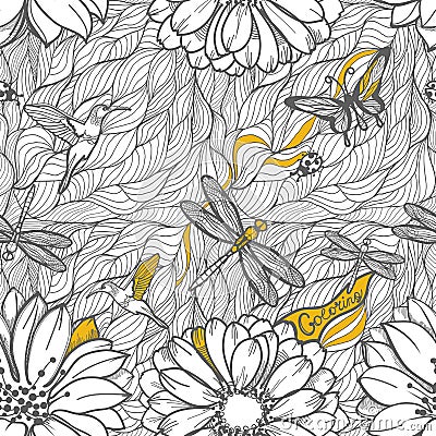 Coloring black and white seamless pattern Vector Illustration