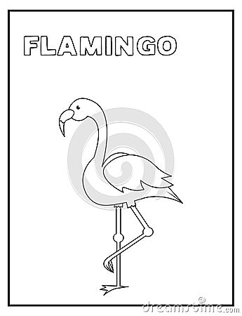 Cute flamingo black and white coloring page with name. Great for toddlers and kids any age. Stock Photo