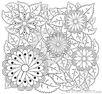 Coloring book for adult and older children. Coloring page with vintage flowers pattern Stock Photo