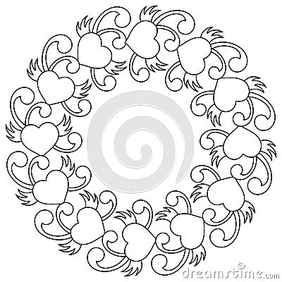 Coloring book for adult and older children, Round wreath in the style of doodles. Black and white vector illustration Vector Illustration