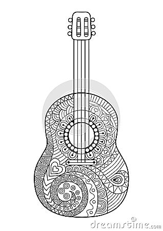 Coloring Book for adult and relax. Guitar. Maxican Vector Illustration