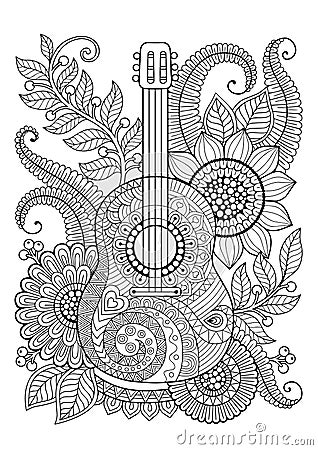 Coloring Book for adult and relax. Guitar. Maxican Vector Illustration