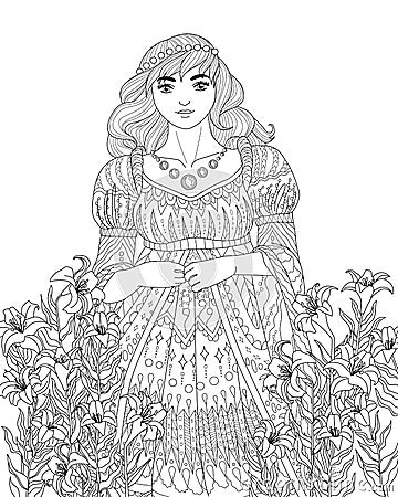 Coloring book for adults with beautiful medieval lady Vector Illustration