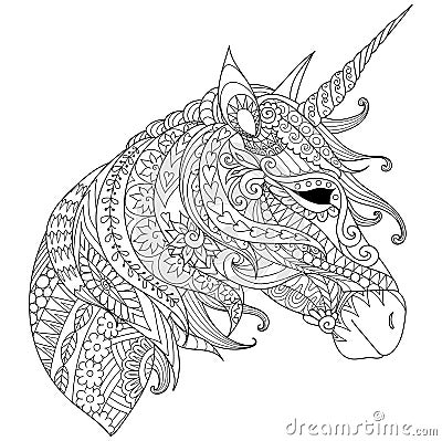 Coloring Book for adults. Colouring pictures with fairytale magic unicorn, also can be used for printing on product. Vector illust Vector Illustration