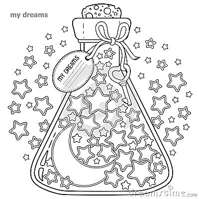 Coloring book for adults. A glass vessel with dreams. A bottle with stars and moon Vector Illustration