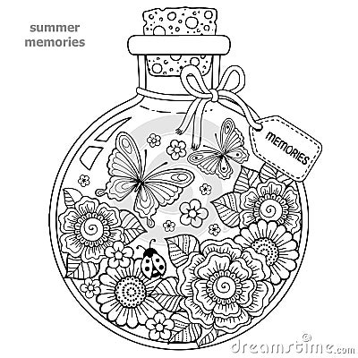 Coloring book for adults. A glass vessel with memories of summer. A bottle with bees, butterflies, ladybug and leaves. Vector Illustration