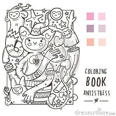 Coloring book antistress with funny cute cartoon creatures. Doodle print with monster and trolls. Line art poster. Vector Illustration