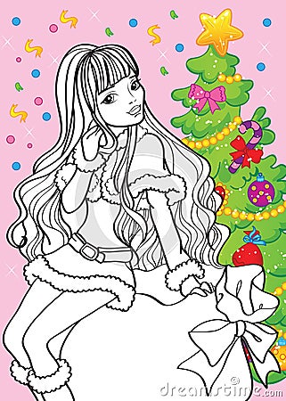 Coloring Book Of Beautiful Girl Sitting On Bag Cartoon Illustration