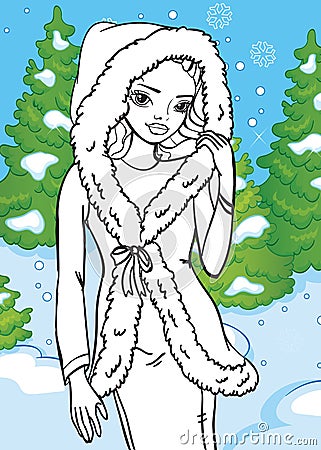 Coloring Book Of Beautiful Girl In Winter Forest Cartoon Illustration
