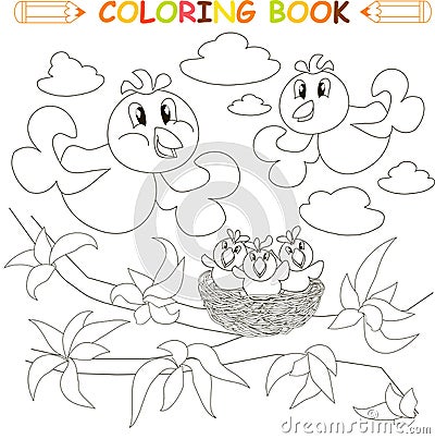Coloring book bird family, chicks on nest Vector Illustration