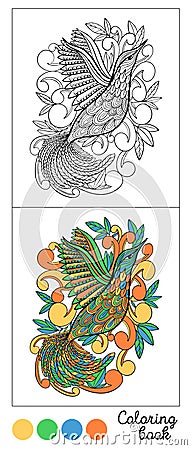 Coloring book bird page game.Color images and outline black.Child and adults antistress Cartoon Illustration