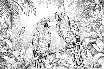 Coloring Book Black Outline, Tropical Birds Paradise Colorful Birds Perched On Palm Trees And Flowers. Generative AI Stock Photo