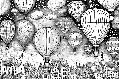 Coloring Book Black Outline, Whimsical Balloons Unique Balloons With Whimsical Shapes And Patterns. Generative AI Stock Photo