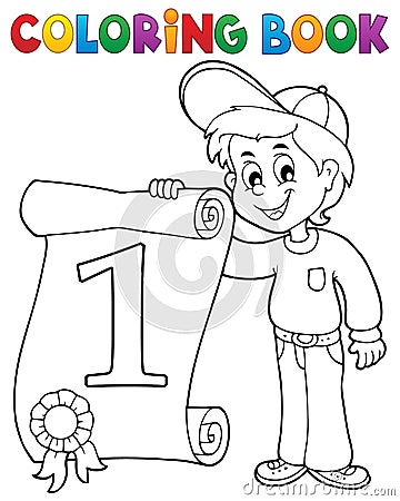 Coloring book boy holds certificate Vector Illustration