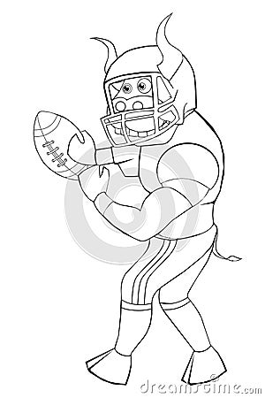 Coloring book bull plays American football. Cartoon style. Isolated image on white background. Vector Illustration