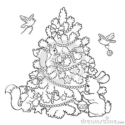 Coloring book. Cartoon animals decorate the Christmas Tree. Vector Illustration