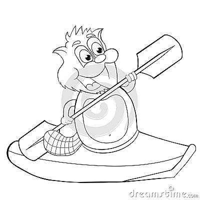 Coloring book cartoon beaver with canoe. Vector clip art for children. Vector Illustration