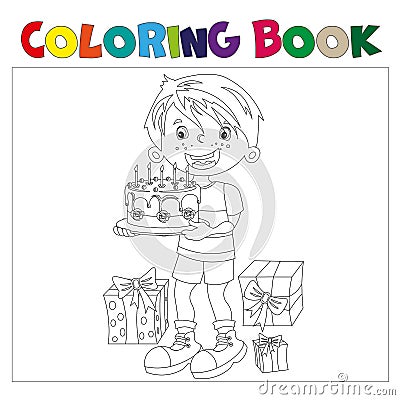 Coloring book of cartoon boy with cake a gifts at the holiday. Vector Illustration