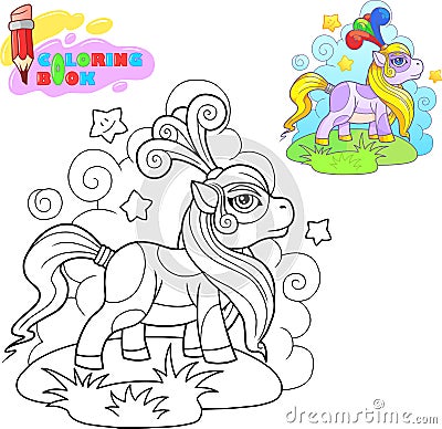 Coloring book, cartoon pony for a walk Vector Illustration