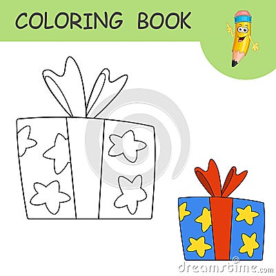 Coloring book with cartoon Present Box with bows and ribbon. Colorless and color example Box on coloring page for kids. Vector Illustration