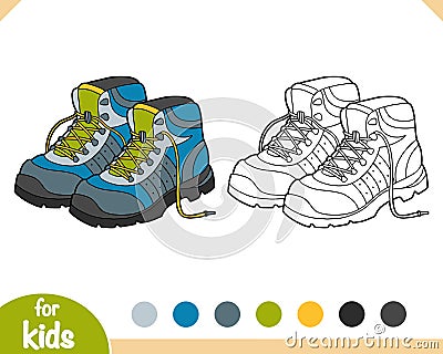 Coloring book, cartoon shoe collection. Hiking boots Vector Illustration