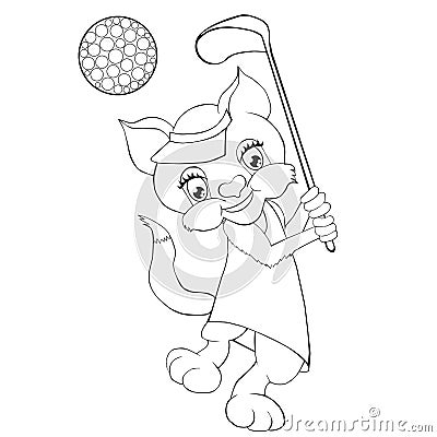 Coloring book cat playing golf. Cartoon style. Vector Illustration