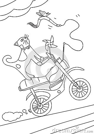 Coloring book A cat riding a motorcycle line art hand drawn artwork vector illustration a4 Vector Illustration