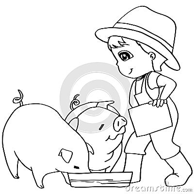 Coloring book child feeding pig vector Vector Illustration