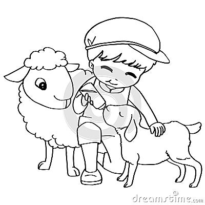 Coloring book child feeding sheeps vector Vector Illustration