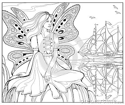 Coloring book for children and adults. Beautiful fairy sits on the seashore and looks at sailboat. Illustration in zentangle style Vector Illustration