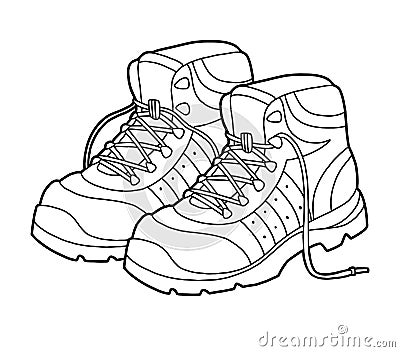 Coloring book, cartoon shoe collection. Hiking boots Vector Illustration