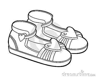 Coloring book, cartoon shoe collection. Kids sandals with heart sign Vector Illustration