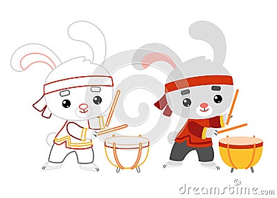 Coloring book for children, Chinese new year character rabbit and drum Vector Illustration