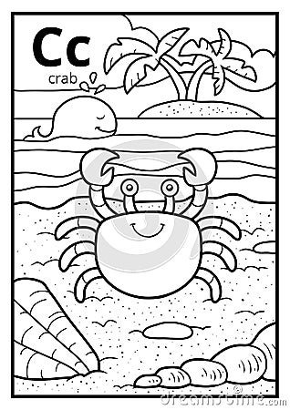 Coloring book, colorless alphabet. Letter C, crab Vector Illustration