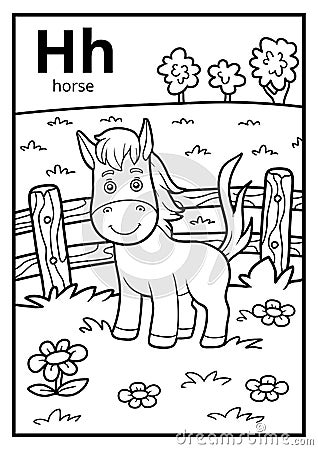 Coloring book, colorless alphabet. Letter H, horse Vector Illustration