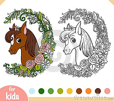 Coloring book, Cute pony in a floral frame Vector Illustration