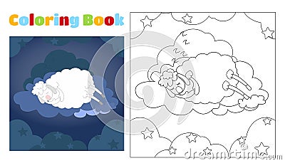 Coloring book for children cute sheep sleeps on a cloud among the stars and clouds. Coloring pages. Vector Illustration